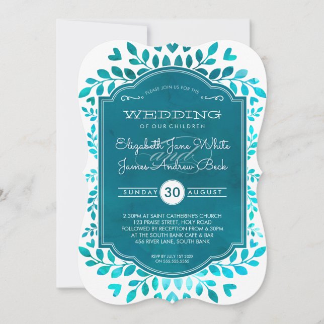 Invitation MARIAGE moderne aqua botanique turquoise couleur b (Devant)