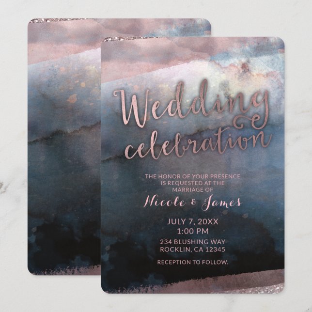 Invitation Mariage Moderne Aquarelle Bleu et Rose Or Rose (Devant / Derrière)
