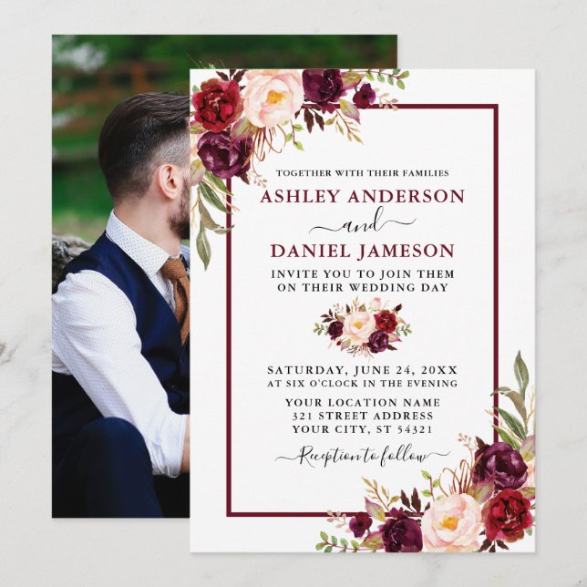 Invitation Mariage Moderne Aquarelle Bourgogne Photo Florale (Devant / Derrière)