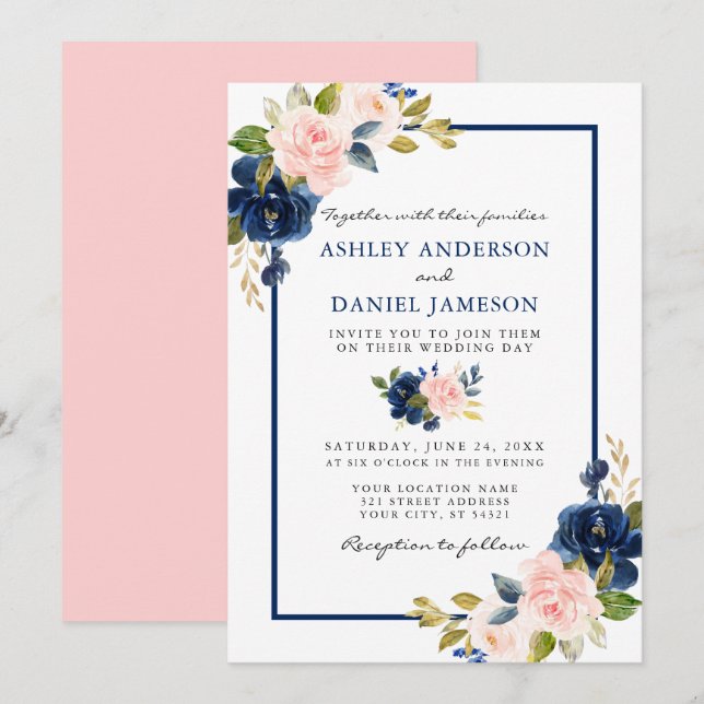 Invitation Mariage Moderne Aquarelle Classique Bleu Rose Flor (Devant / Derrière)