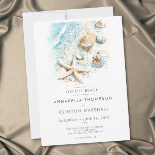 Invitation Mariage Moderne Aquarelle Coquillages sur la Plage