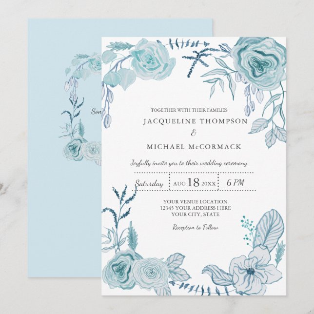 Invitation Mariage Moderne Aquarelle florale n Feuillage en B (Devant / Derrière)
