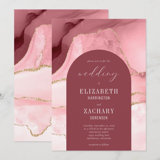 Invitation Mariage moderne Arch Blush Pink Gold Agate (Devant / Derrière)