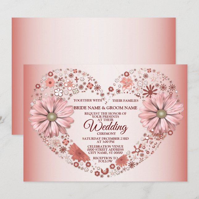 Invitation Mariage Moderne au Cœur Fleuris de Pêche (Devant / Derrière)
