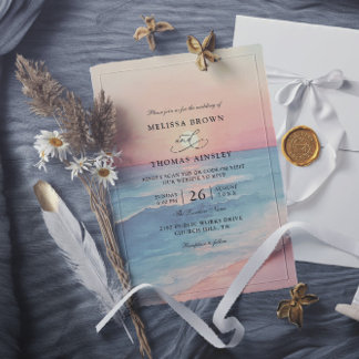Invitation Mariage Moderne au Coucher de Soleil sur l'Océan a