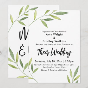 Invitation Mariage Moderne au Feuillage Aquarelle Verte