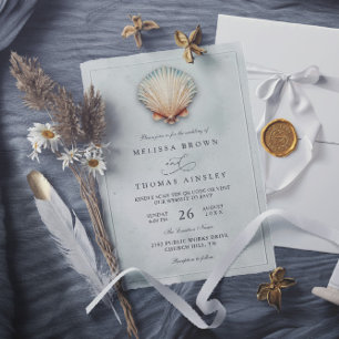 Invitation Mariage moderne avec code QR aqua coquillage côtie