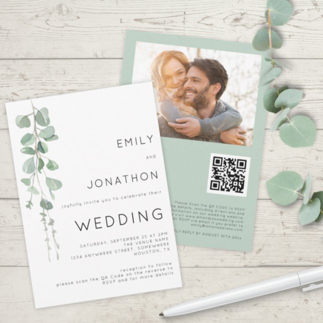 Invitation Mariage Moderne avec Code QR de Photo d'Eucalyptus (Créateur téléchargé)