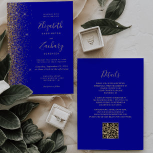 Invitation Mariage moderne avec code QR et paillettes bleu ro