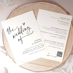 Invitation Mariage Moderne avec Écriture à Cœur et Code QR
