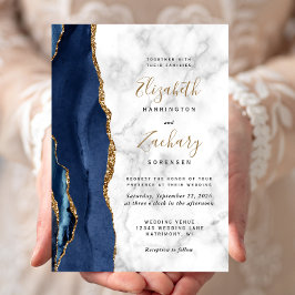 Invitation Mariage Moderne avec Marbre Agate Bleu Nuit Or