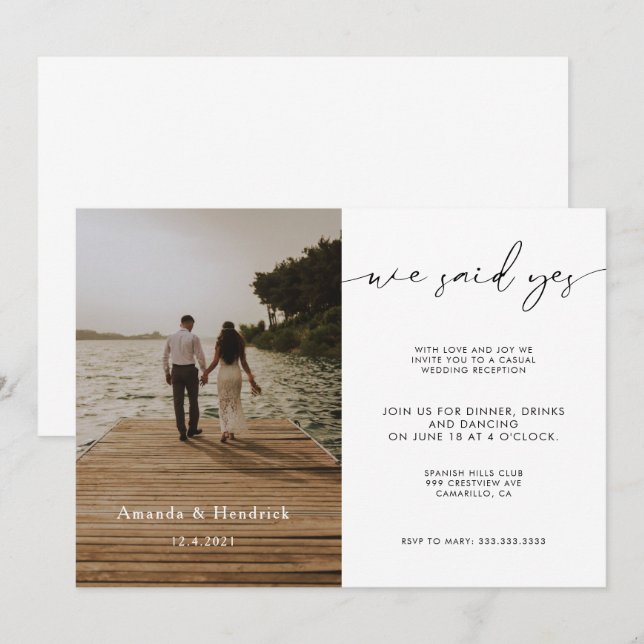 Invitation Mariage moderne avec photo en réception uniquement (Devant / Derrière)