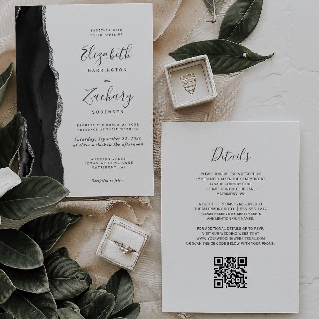 Invitation Mariage moderne avec QR Code à agate argentée noir (Créateur téléchargé)