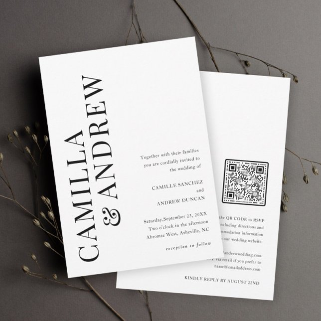 Invitation Mariage moderne avec QR code typographique noir et (Créateur téléchargé)