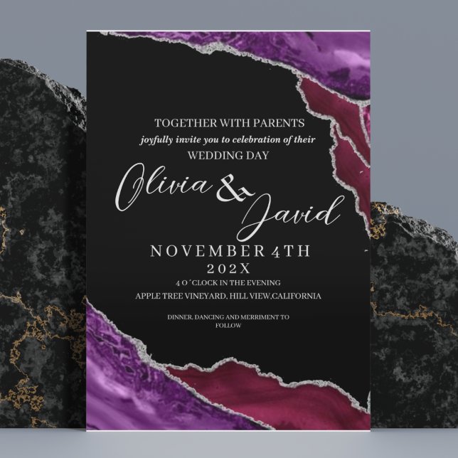 Invitation Mariage moderne Black Purple & Burgundy Agate (Créateur téléchargé)