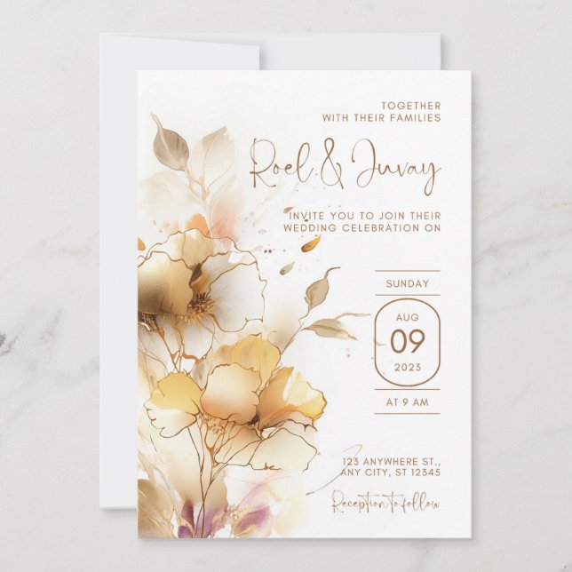 Invitation Mariage moderne blanc et doré (Devant)
