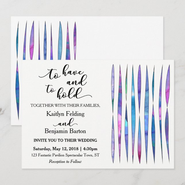 Invitation Mariage moderne blanc violet, rose, bleu aquarelle (Devant / Derrière)
