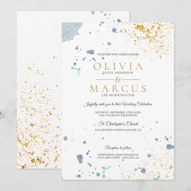 Invitation Mariage Moderne Bleu et or Aquarelle plaquettes (Devant / Derrière)