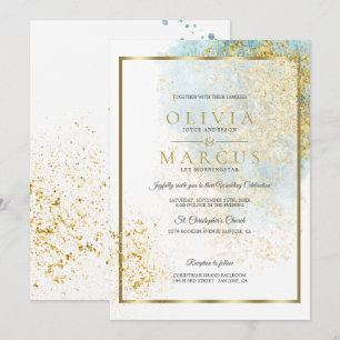 Invitation Mariage Moderne Bleu et or Aquarelle Splash