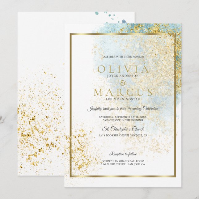Invitation Mariage Moderne Bleu et or Aquarelle Splash (Devant / Derrière)