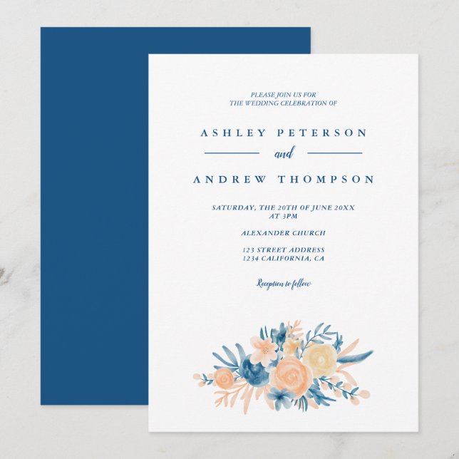 Invitation Mariage moderne bleu floral aquarelle chic (Devant / Derrière)