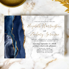 Invitation Mariage Moderne Bleu Nuit Agate Marbre Or