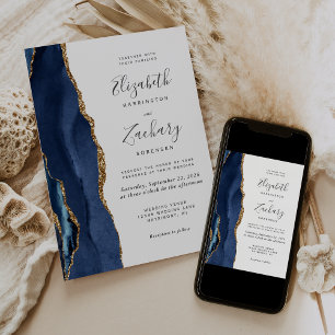 Invitation Mariage Moderne Bleu Nuit Agate Or