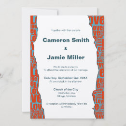 Invitation Mariage Moderne Bleu Rouge Amour Bordure Crème
