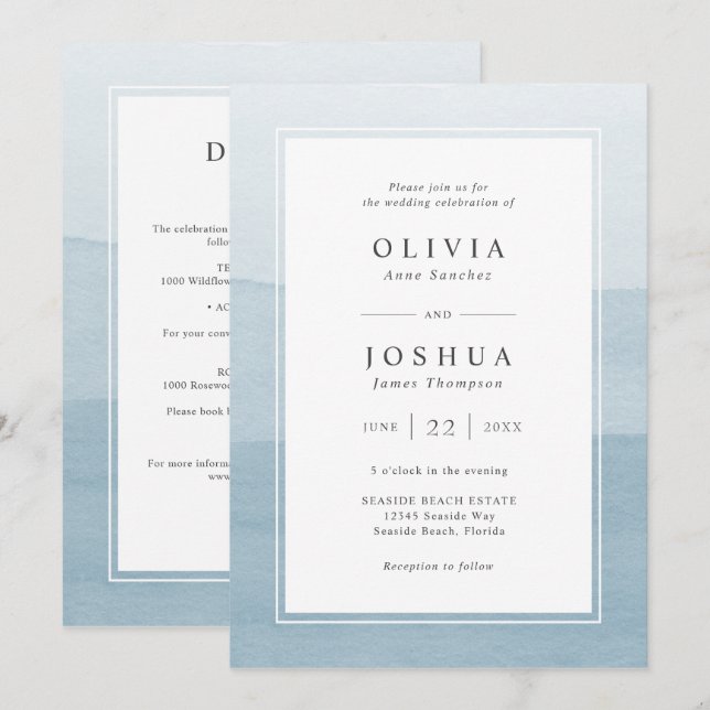 Invitation Mariage moderne bleu tout en un (Devant / Derrière)