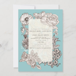 Invitation Mariage Moderne Bleu Turquoise Floral Vintage