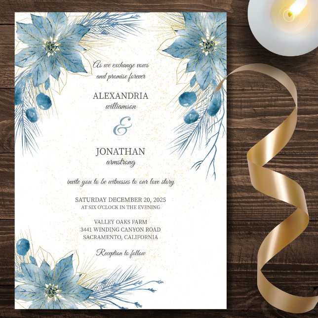 Invitation Mariage moderne Blue & Gold Poinsettia (Créateur téléchargé)