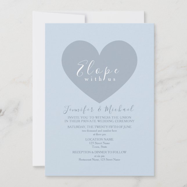 Invitation Mariage moderne Blue Heart Elopement (Devant)