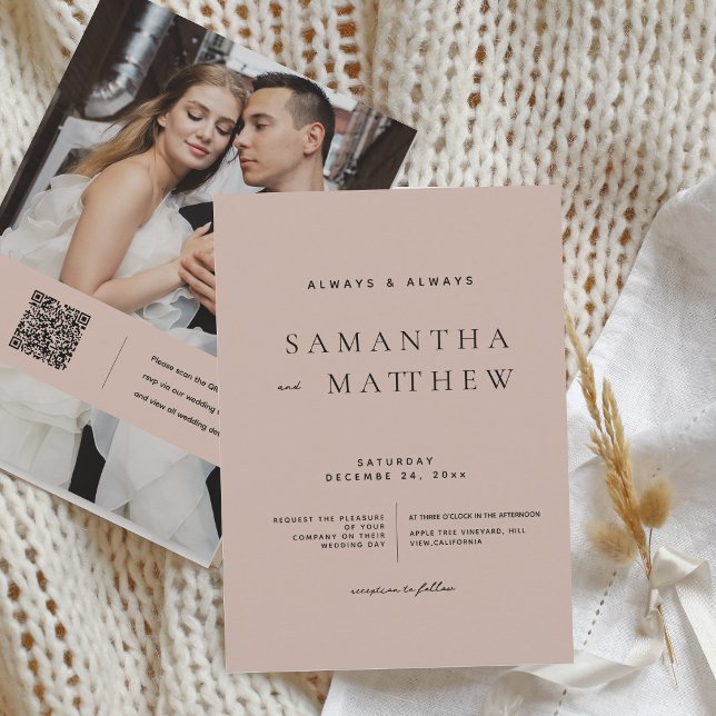 Invitation Mariage Moderne Blush Classique Code QR Photo (Créateur téléchargé)