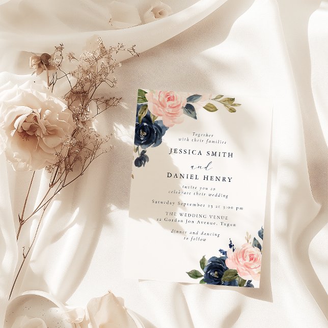 Invitation Mariage moderne Blush et Navy Florals (Créateur téléchargé)