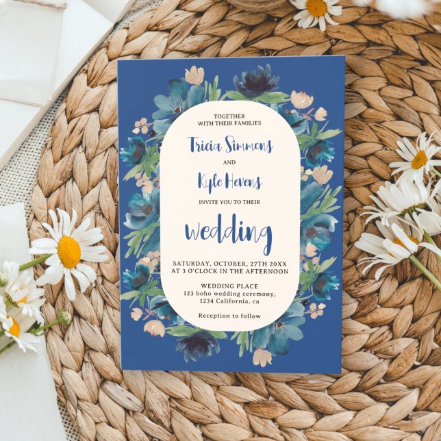 Invitation Mariage moderne Boho bleu arche florale (Modern Boho blue floral arch script wedding Invitation)