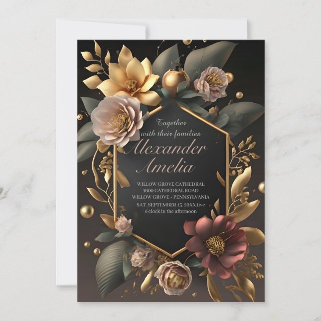 Invitation Mariage moderne boho floral noir, Bourgogne et or (Devant)