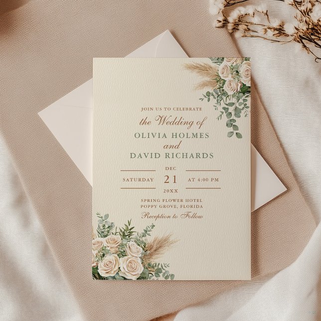 Invitation Mariage moderne Boho Pampas Gris et Rose blanche (Modern Boho Pampas Grass & White Rose Wedding Invitation with an envelope on an elegant table)