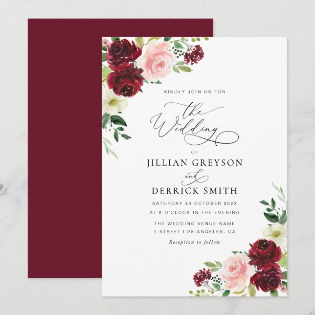 Invitation mariage moderne bordeaux et floral (Devant / Derrière)