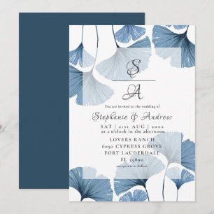 Invitation Mariage Moderne Botanique Bleu Ginkgo