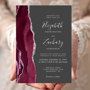 Invitation Mariage Moderne Bourgogne Argent Agate Gris Charbo
