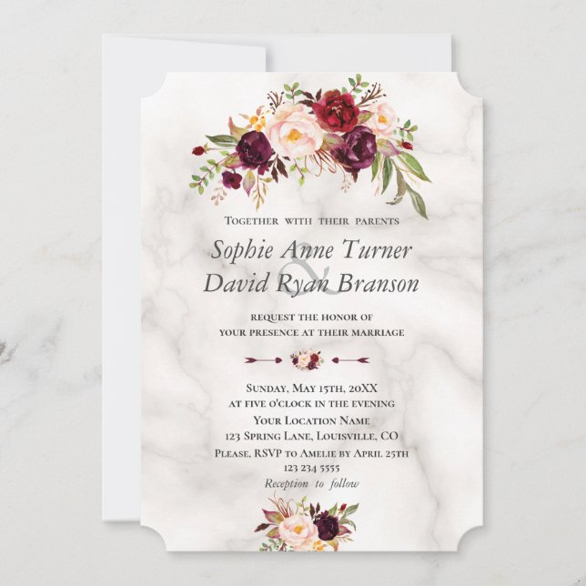 Invitation Mariage moderne Bourgogne Blush Flowers Marbre (Devant)
