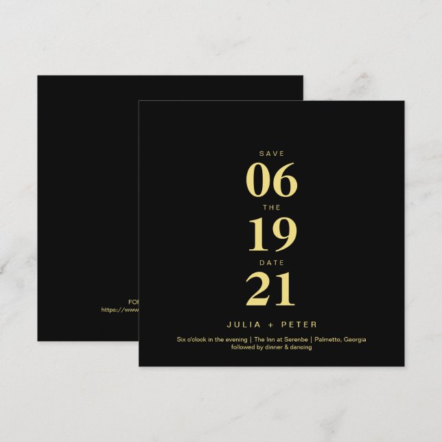 Invitation Mariage Moderne Carré Noir et Or avec Date de Sauv (Devant / Derrière)