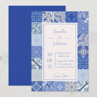Invitation Mariage moderne Carrelage bleu & blanc méditerrané