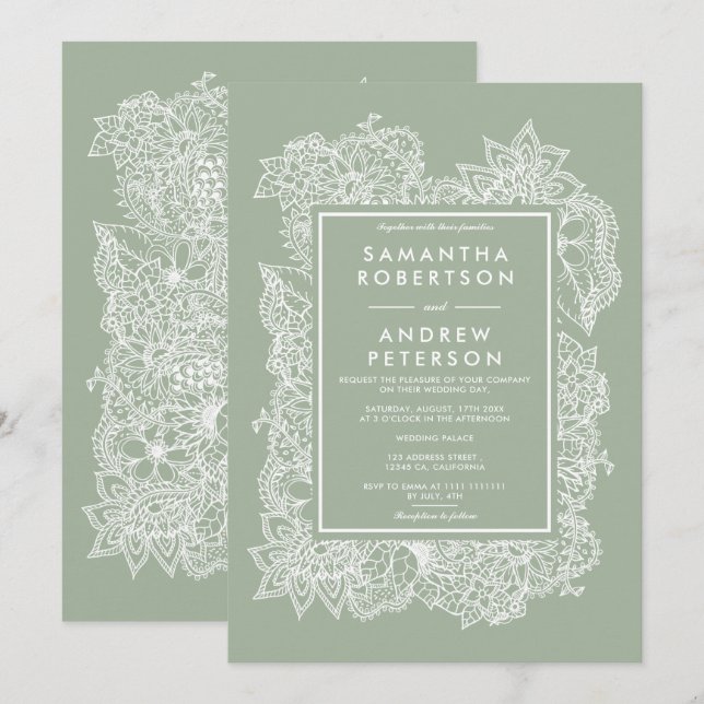 Invitation mariage moderne chic à la sauge fleurie verte blan (Devant / Derrière)