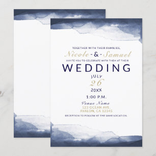 Invitation Mariage Moderne Chic Bleu Nuit Aquarelle