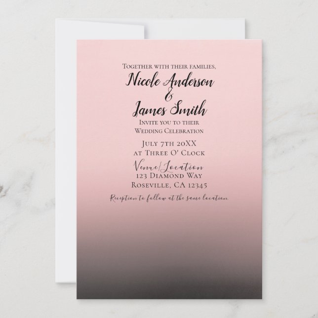 Invitation Mariage Moderne Chic Rose Pâle et Noir Ombré (Devant)