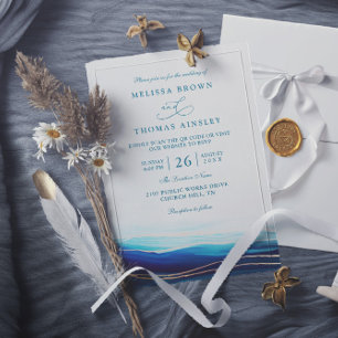 Invitation Mariage Moderne Code QR Océan Or Bleu Marine
