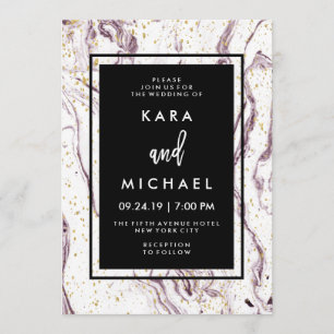 Invitation Mariage moderne de marbre violet et Faux Gold Flak