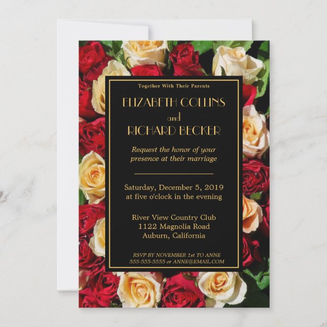 Invitation Mariage moderne de roses rouges et jaunes (Devant)