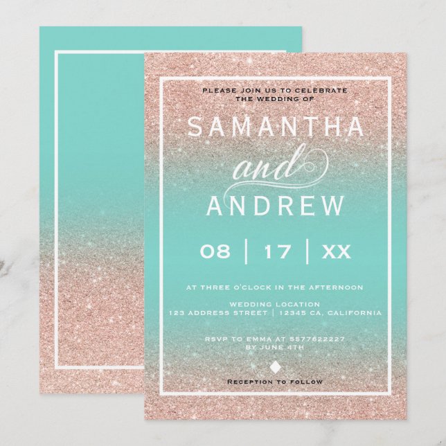 Invitation mariage moderne de typographie or Aqua rose (Devant / Derrière)